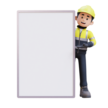 3D Construction Worker Character Presenting on Blank Placard png