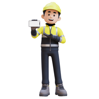 3D Construction Worker Character Presenting on Empty Phone Screen png