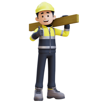 3D Construction Worker Character Carrying Wood Planks on Shoulder png