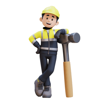3D Construction Worker Character Lying on Big Hammer png