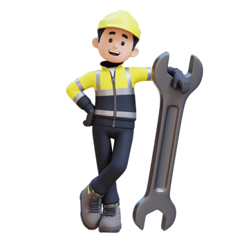 3D Construction Worker Character Lying on Big Wrench png
