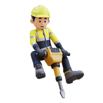 3D Construction Worker Character Working with Jackhammer png