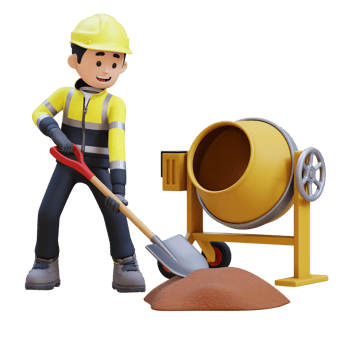3D Construction Worker Character Work with Shovel and a Concrete Mixer Making Cement png
