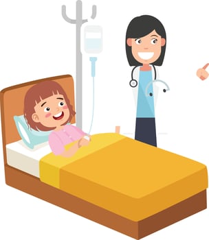Kid lying in bed while having examination with doctor pediatrician vector