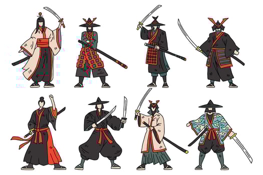 A group of men dressed in traditional Japanese clothing are holding swords vector