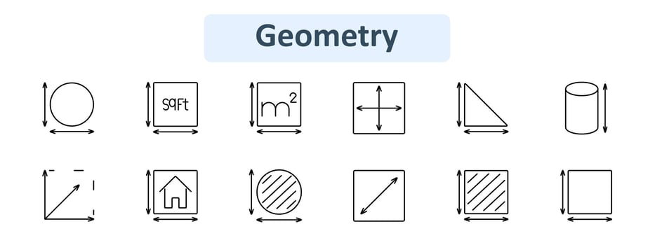 Geometry set icon. Circle, square feet, square meter, dimension arrows, triangle, cylinder, diagonal, house, striped circle, striped square. Geometric shapes, measurement, spatial awareness vector