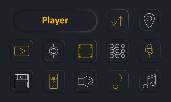 Player set icon. Play button, , full screen, microphone, volume, music notes, pause, targeting, navigation, arrows. Media player, multimedia, audio and controls concept. vector