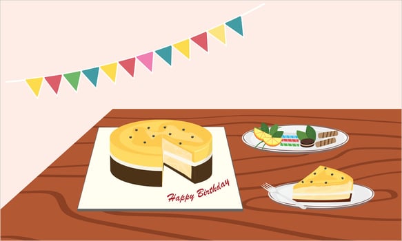 Birthday cake and slice of cake on wood table. Passion fruit flavor. Sweet food and dessert clipart. Birthday party element. Flat in cartoon style isolated on white background. vector