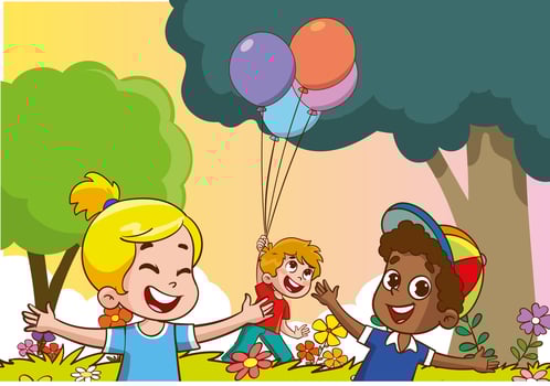 Funny Kids Playing At Nature. Children playing garden vector