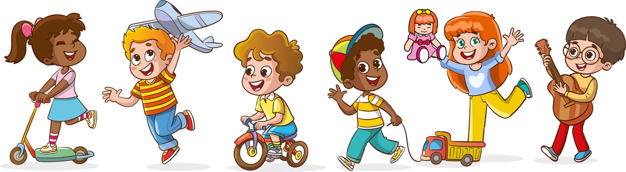 Children play together in kindergarten. Children play together in the playroom, on the playground, having fun, playing in a good mood. Preschool children have fun. Children's activity in the kindergar vector