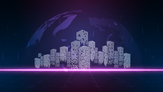 Night cityscape with globe. Network and communication cyber city technology concept. vector