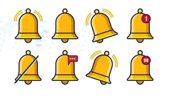 Notification bell icon set. New message notification icon. Incoming inbox message. Alarm symbol. Ringing bells, new notification for clock and smartphone, alarm alert. vector
