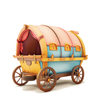 A cartoon covered wagon with pink curtains and blue body png