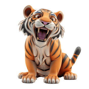 A cartoon tiger, sitting on its haunches, with its mouth wide open and its eyes wide with fear. png