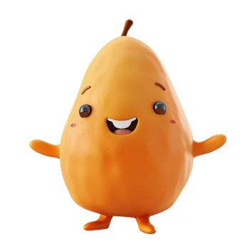 A cute cartoon pear character, with arms and legs, smiling and happy. png