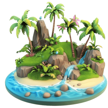 A small tropical island with palm trees, rocks, and a waterfall. png