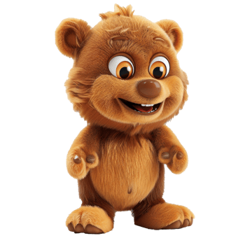 A cute 3D cartoon bear with brown fur, big eyes, and a happy expression. png