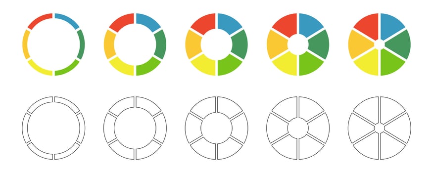 Donut charts set. Pies segmented on 6 equal parts. Wheels divided in six sections. Diagrams infographic multicolored collection. Circle section graph. Coaching blank. Pie chart round icon. Loading bar vector