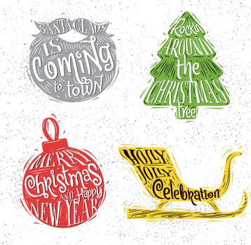 Christmas vintage silhouettes Santa's beard, Christmas tree, Christmas ball, Santa's sleigh with greeting lettering drawing with color on dirty bg vector