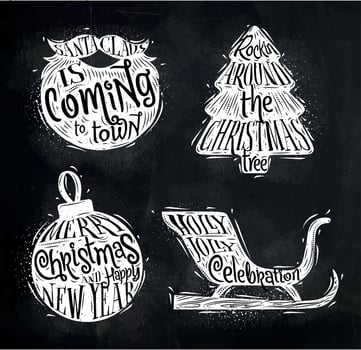 Christmas vintage silhouettes Santa's beard, Christmas tree, Christmas ball, Santa's sleigh with greeting lettering drawing with chalk on chalkboard vector