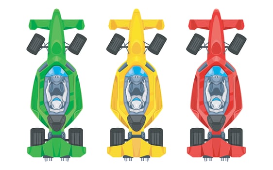 Set of colorful fast motor racing cars, formula 1, bolides sport racing car flat icons isolated on white background. Speed motor drive. View from above vector