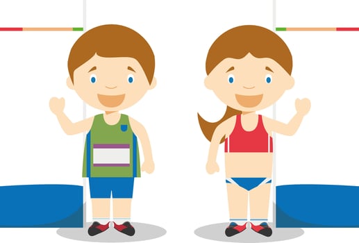 Sports illustrations. High Jump male and female cartoon characters vector