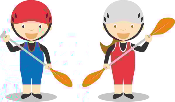 Sports illustrations. Canoe Slalom male and female cartoon characters vector