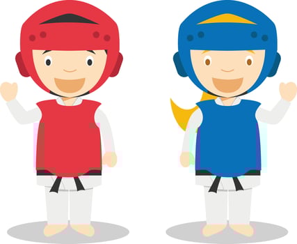Sports illustrations. Taekwondo male and female cartoon characters vector