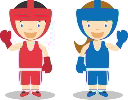Sports illustrations. Boxing male and female cartoon characters vector