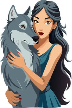 Beautiful young woman is hugging wild wolf with love vector