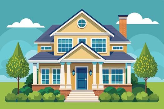 A cartoon illustration of a two-story suburban house with a blue front door, white pillars, and a front porch. The house has a yellow exterior, a blue roof, and green trees on either side. vector