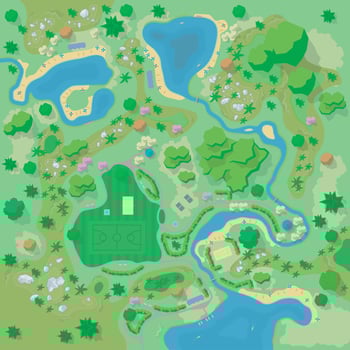 Site improvement Landscape and tourist camp in the forest. Mountains, stones, hills, river, trees, plants, boats, lake, beach. View from above. Terrain design vector