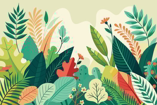 An illustration featuring a vibrant collection of green, red, and yellow tropical leaves and flowers on a light beige background. vector