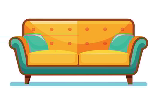 An illustration of a yellow couch with teal cushions and legs, sitting on a light blue rug. vector