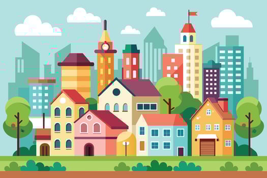 A colorful illustration of a city with modern buildings and green trees. The buildings are all different shapes and sizes, and they are arranged in a random order. vector