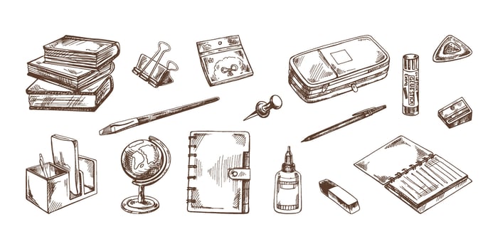 Back to School, hand drawn school supplies - big sketch set. Doodle object collection. Education Concept. Vintage sketch element. Back to School. vector