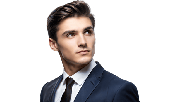 Confident young man in suit looking thoughtful on transparent background png