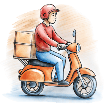 Food delivery scooter rider with helmet and package png