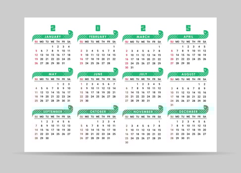 2025 year calendar with abstract green snake. Week starts on Sunday. Pocket or wall calendars layouts. Yearly organizer. illustration vector