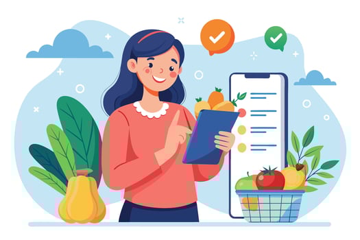 A woman smiles as she checks off items from her digital grocery list. She is using a tablet to access the list, which is shown on a smartphone next to her. There is a basket of fruit nearby. vector