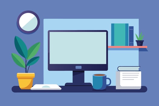 A flat illustration of a modern home office desk with a computer, coffee mug, potted plant, and books. vector