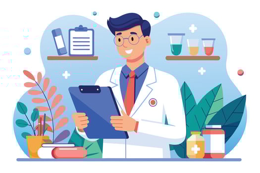 A cartoon illustration of a smiling male doctor wearing a white coat and red tie, reviewing medical notes on a clipboard in a lab setting. There are test tubes, pills, and plants in the background. vector