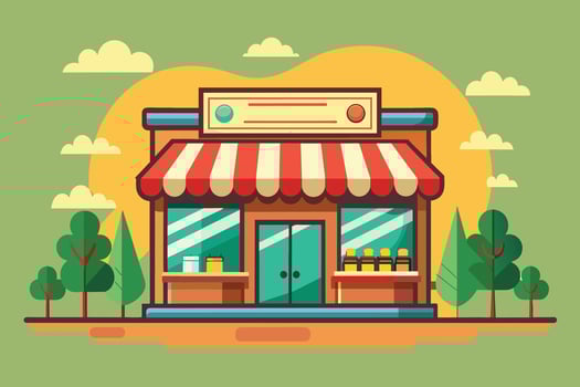 A colorful cartoon illustration depicts a small storefront with a red awning, showcasing a simple and welcoming aesthetic. vector