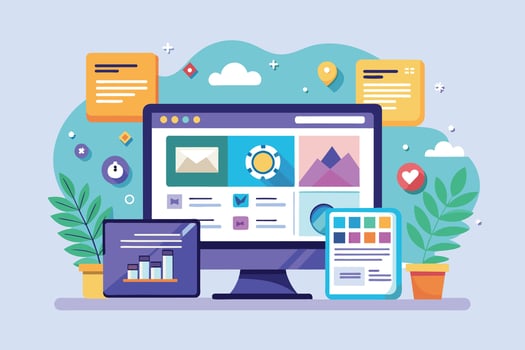 An illustration depicting a desktop computer with a website design mock-up, along with other elements such as data analytics, color palette, and social media icons. vector