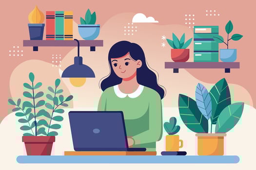 A young woman sits at a desk in her home office, working on a laptop. The room is decorated with plants, books, and a hanging light. vector
