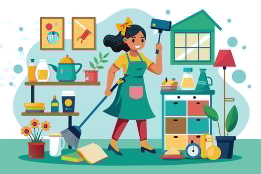 A woman is cleaning her home with a broom and squeegee. She is wearing an apron and is smiling. The home is decorated with plants, artwork, and other objects. vector