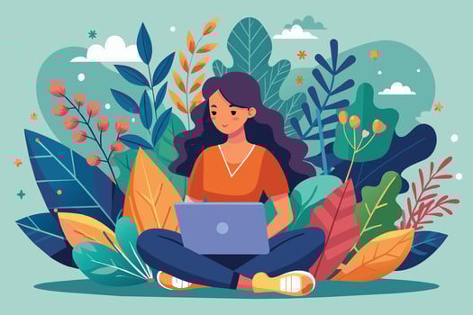 Illustration of a woman sitting cross-legged with a laptop in her lap, surrounded by vibrant foliage. vector