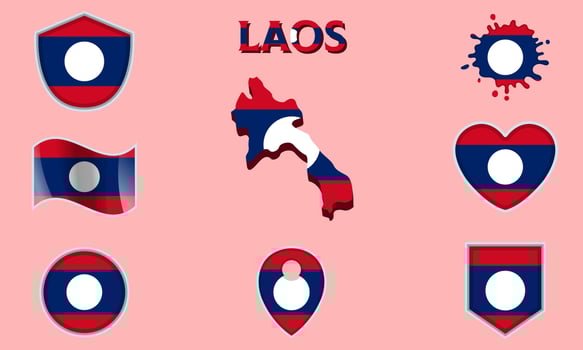Collection of flat national flags of Laos with map vector