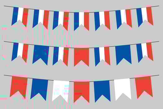 French flag bunting Eiffel background for Bastille Day. French Tricolour blue white red backdrop design illustration vector