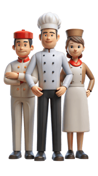 Group of animated chefs and delivery people on transparent background png